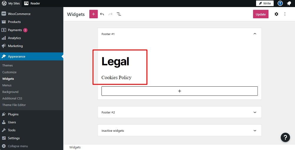 TermsFeed WP.com website: Widgets Editor - Widget group Cookies Policy block with text added highlighted