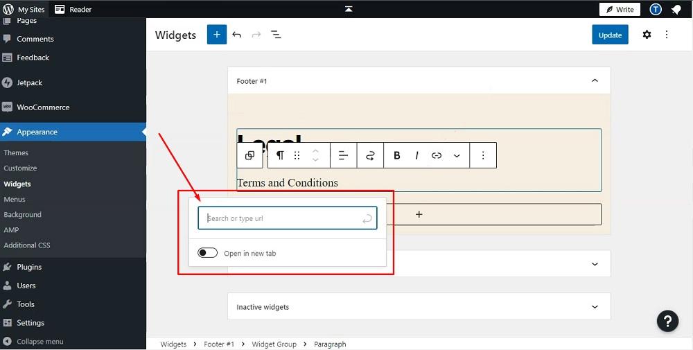 TermsFeed WP.com website: Widgets Editor - Widget group paragraph block with add URL highlighted