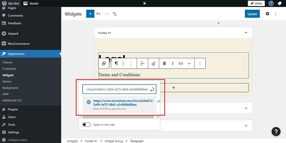 TermsFeed WP.com website: Widgets Editor - Widget group paragraph block with added Terms and Conditions URL link option highlighted