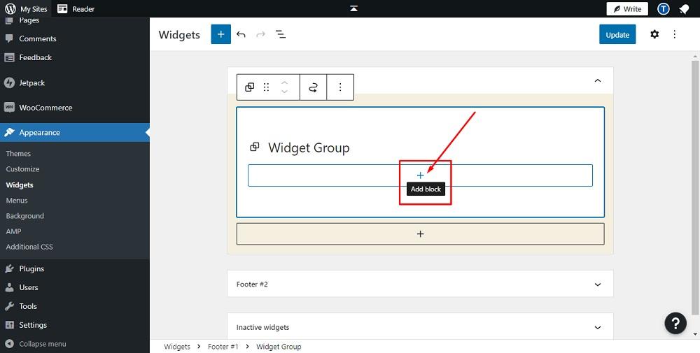 TermsFeed WP.com website: Widgets Editor - Widget group plus option highlighted