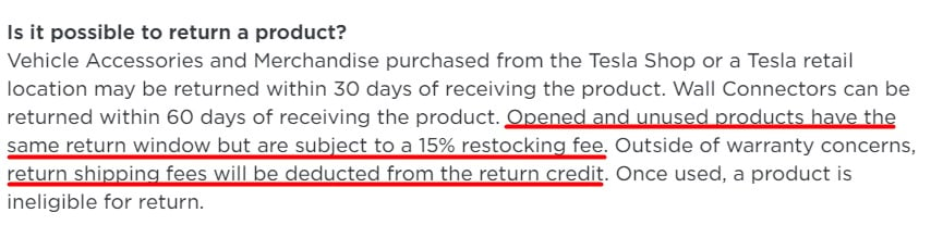 Tesla Support Returns Policy: Restocking fee and return shipping section
