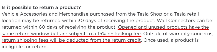 Tesla Support Returns Policy: Restocking fee and return shipping section