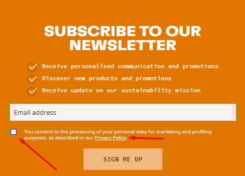 Timberland subscribe to email newsletter form with checkbox and Privacy Policy link highlighted