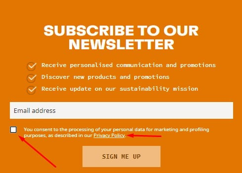 Timberland subscribe to email newsletter form with checkbox and Privacy Policy link highlighted
