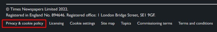 The Times UK website footer with Privacy and Cookie Policy link highlighted