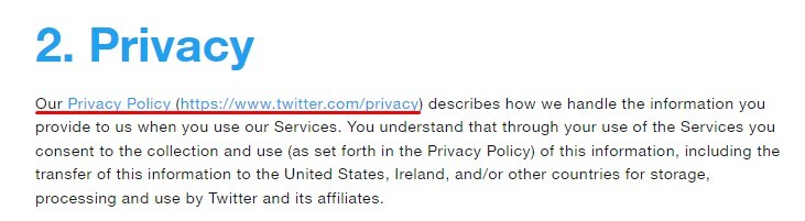 Twitter Terms of Service: Privacy clause with Privacy Policy link highlighted