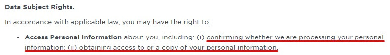 Upwork Privacy Policy: Data Subject Rights clause
