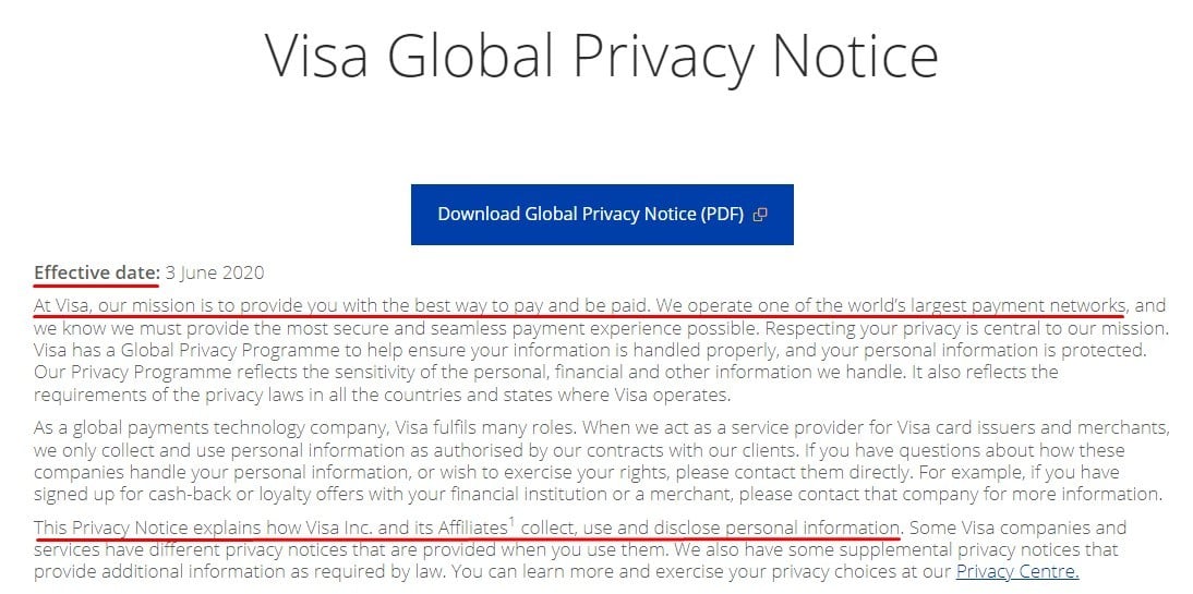 Visa Global Privacy Notice: Introduction clause