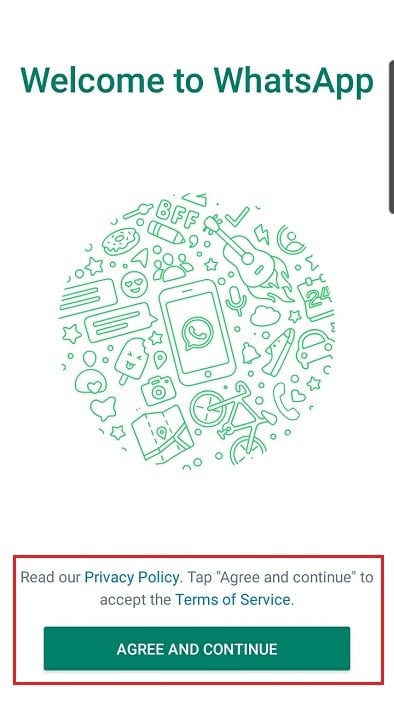Whatsapp Mobile app - Welcome screen: Read Privacy Policy, tap Agree and Contnue to accept Terms of Service highlighted