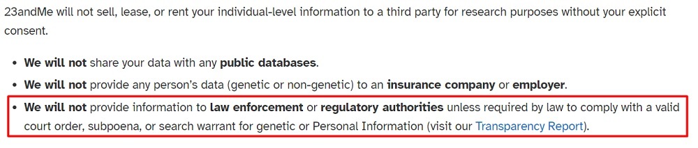 23andMe Privacy Policy: Access to Your Information clause - Comply with the law section highlighted