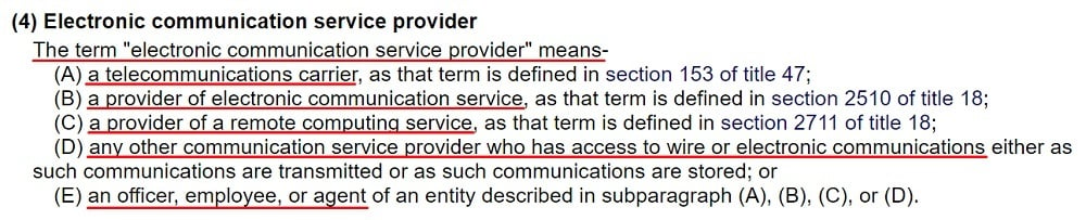 50 USCS 1881: Definition of Electronic Communication Service Provider
