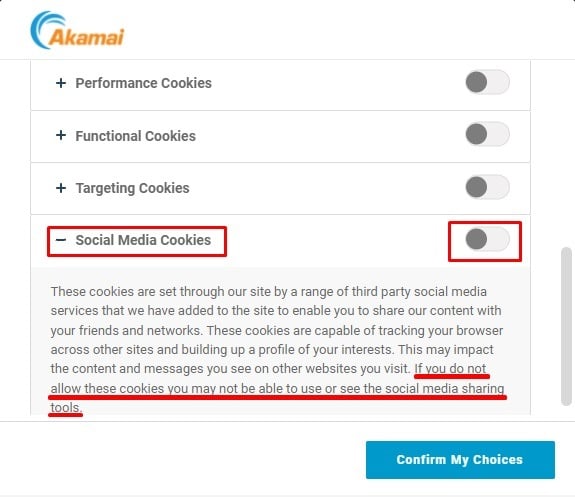 Akamai Technologies Manage Cookie Preferences: Privacy Preference Center with social media cookies highlighted