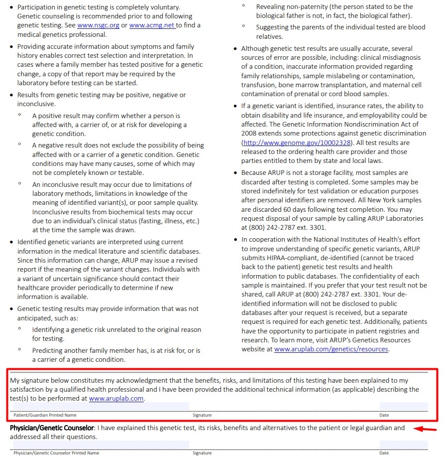 ARUP Laboratories Informed Consent for Genetic Testing form with signature field highlighted