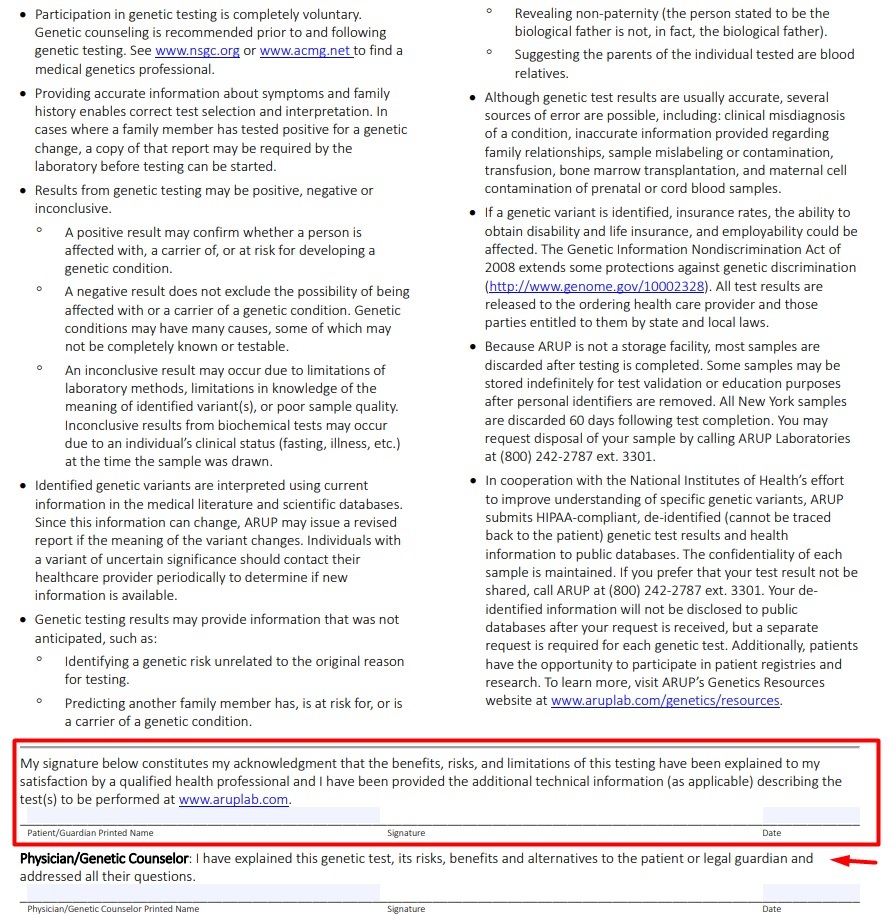 ARUP Laboratories Informed Consent for Genetic Testing form with signature field highlighted