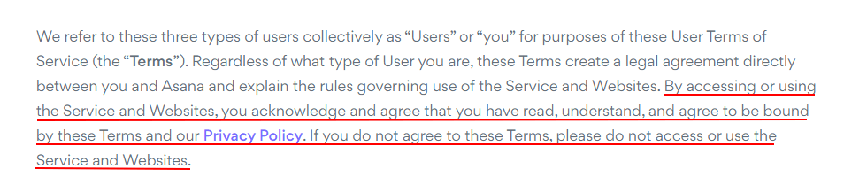 Asana Terms of Service: Intro clause with browsewrap highlighted