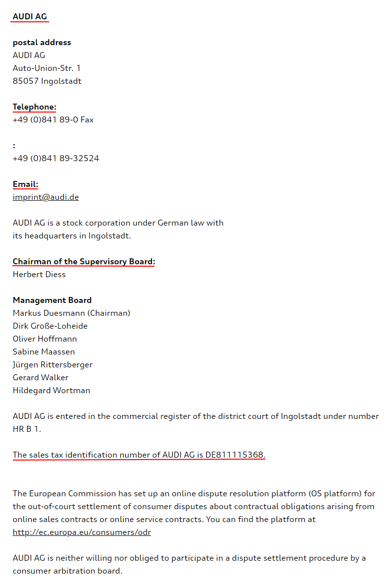 Audi Imprint Impressum page updated