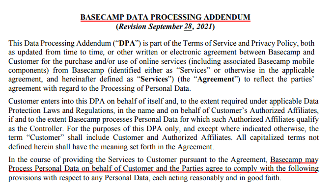 Basecamp DPA: Intro section