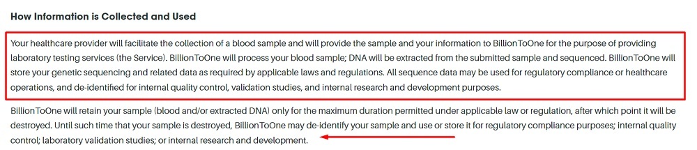 BillionToOne Privacy Policy: How Information is Collected and Used clause excerpt