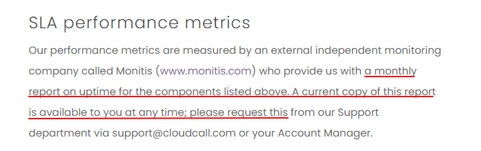 CloudCall SLA: SLA Performance Metrics clause