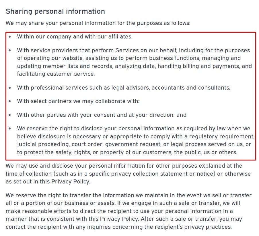 Emily Skye Fit Privacy Policy: Sharing Personal Information clause