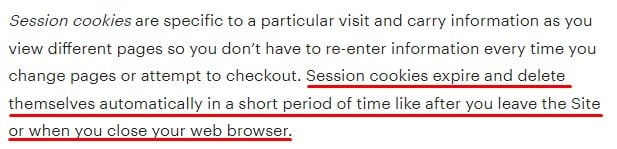 Etsy Cookies and Similar Technologies Policy: Types of Cookie Technologies - Session cookies section
