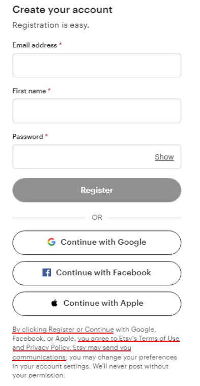 Etsy Register Account form with browsewrap section highlighted