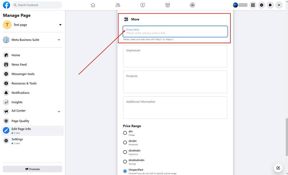 Facebook Manage Page: Edit Page Info - More menu with Privacy Policy field highlighted