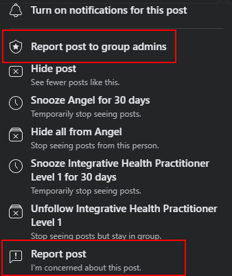 Facebook post menu with reporting options highlighted