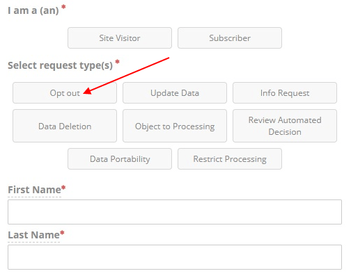 GDPR user rights form with opt-out highlighted