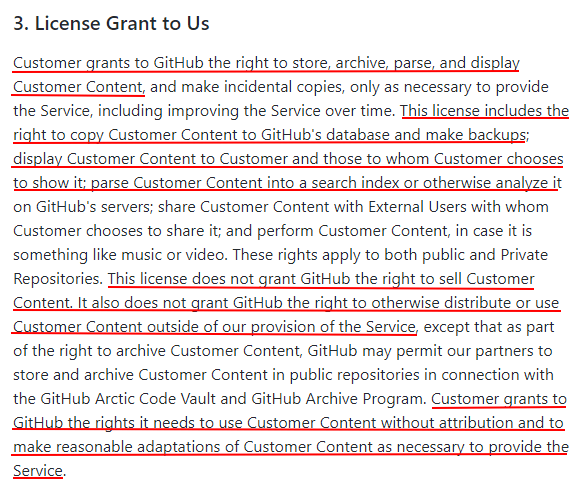 GitHub Terms of Service: License Grant to Us clause