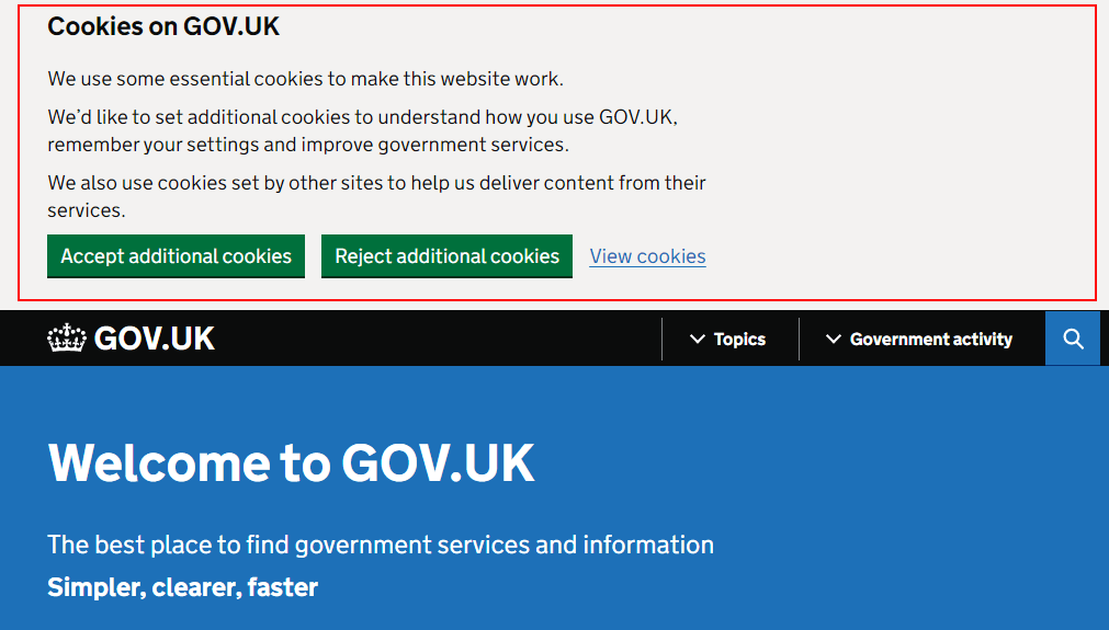 Gov UK cookie consent banner with Accept and Reject buttons