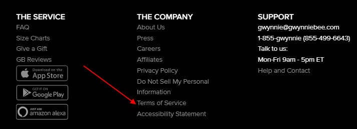 Gwynnie Bee website footer with Terms of Service link highlighted