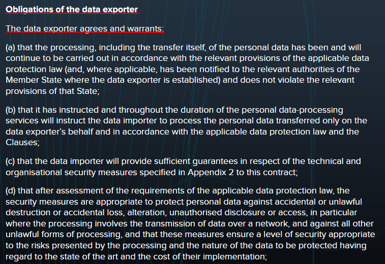 Huble Digital DPA: Obligations of the data exporter clause excerpt