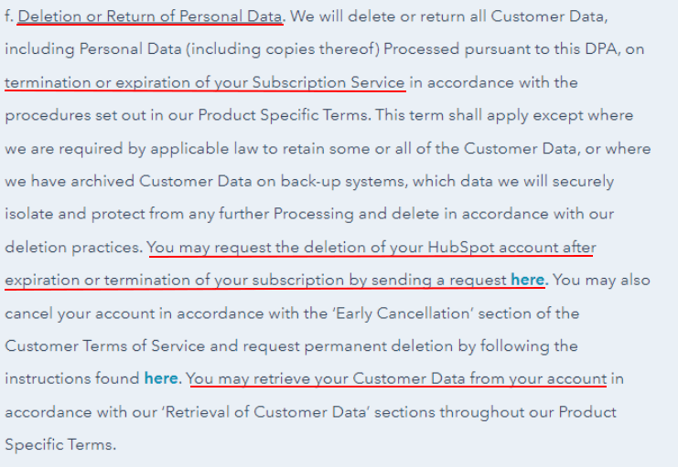 Hubspot DPA: Deletion or Return of Personal Data clause