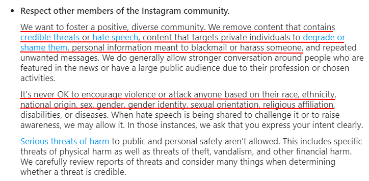 Instagram Community Guidelines: Respect other members clause