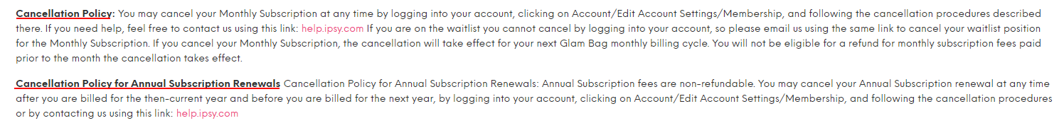 Ipsy Terms of Use: Cancellation Policy and Annual Subscription Renewals clauses