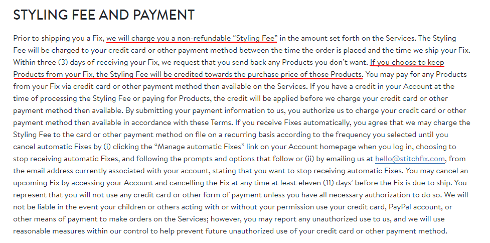 Ipsy Terms of Use: Styling Fee and Payment clause