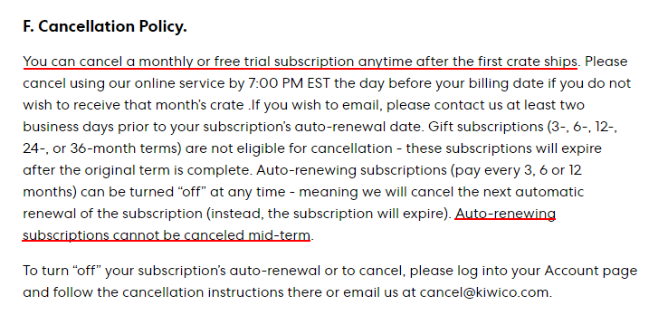 Kiwi Co Terms and Conditions: Cancellation Policy clause