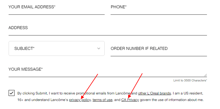 Lancome contact form with consent checkbox and CA Privacy Policy links highlighted