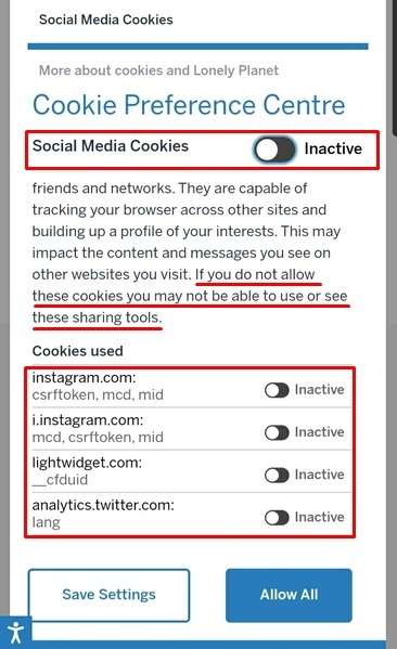 Lonely Planet Cookie Preference Center: Social Media Cookies highlighted