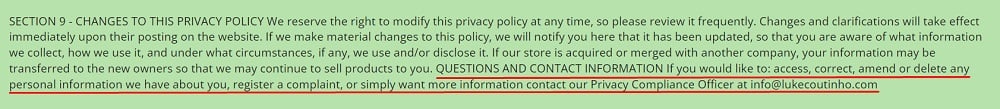 Luke Coutinho Privacy Policy: Changes to this Privacy Policy clause with Contact Information section highlighted