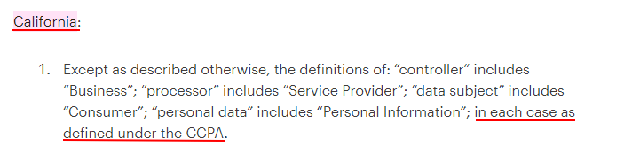 Mailchimp Data Processing Addendum: California clause - CCPA definition section
