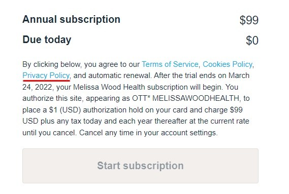 Melissa Wood Health subscription checkout form with Privacy Policy highlighted