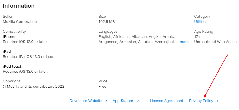 Mozilla browser Apple App Store listing with Privacy Policy link highlighted