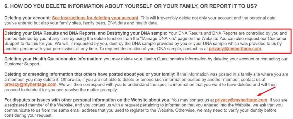 MyHeritage Privacy Policy: How Do You Delete Information About Yourself or Your Family or Report it to us clause