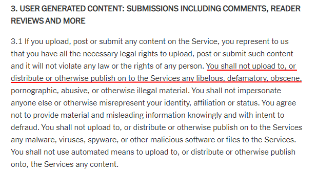New York Times Terms of Service: User Generated Content clause excerpt