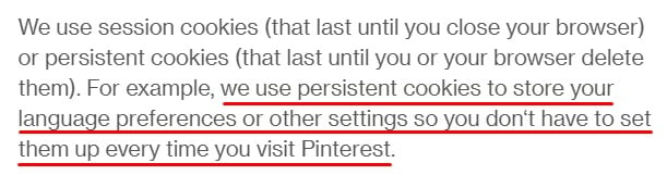 Pinterest Cookies Policy: What's a cookie section - Session cookies excerpt