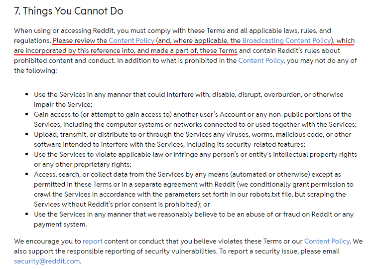 Reddit User Agreement: Things You Cannot Do clause