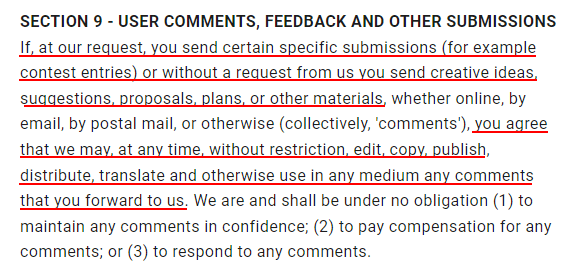 SnackThat Terms of Service: User Comments, Feedback and Other Submissions clause excerpt