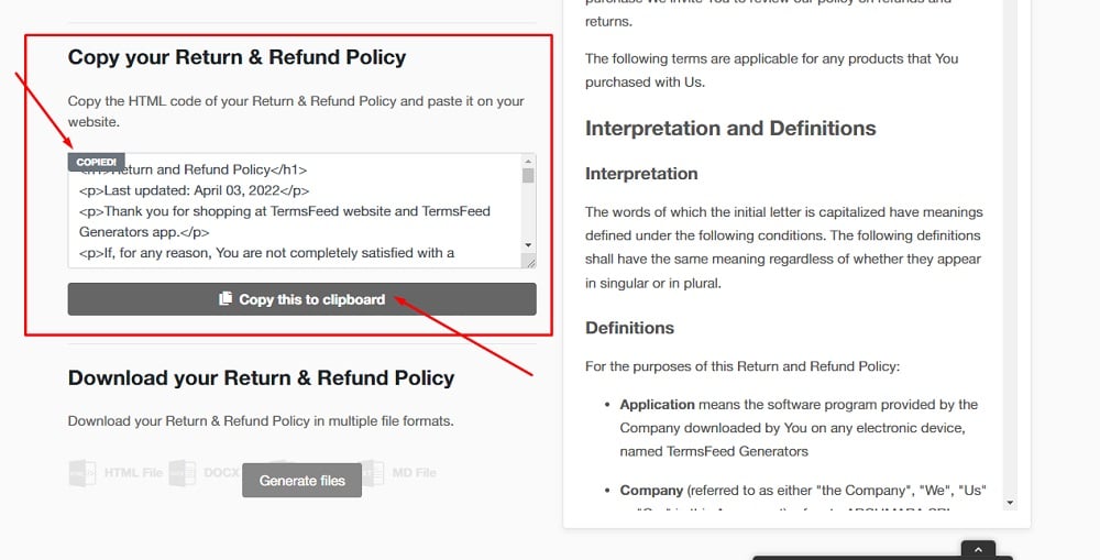TermsFeed App: Return and Refund Policy Download page - Copy your Return and Refund Policy section highlighted